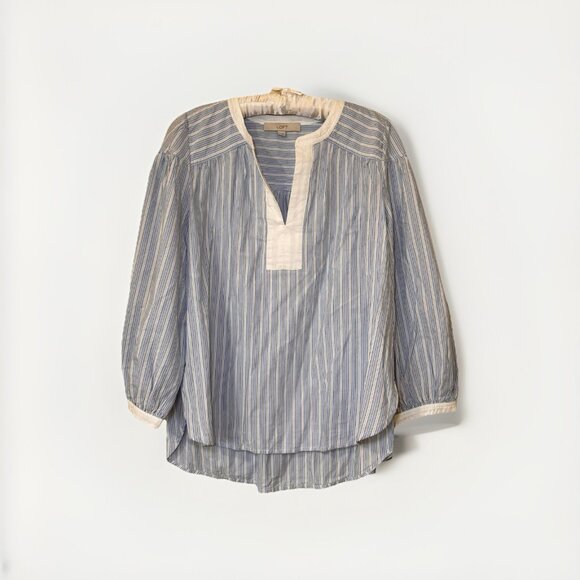 LOFT Blouse Medium Blue And White Top Shirt Work Striped V Neck Office - Picture 1 of 8
